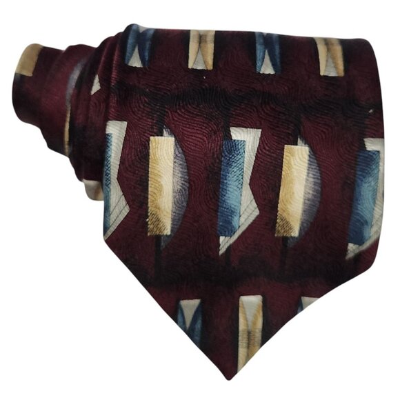 Chez Roffe New York Burgundy Geometric Pattern Silk Tie - Picture 1 of 7